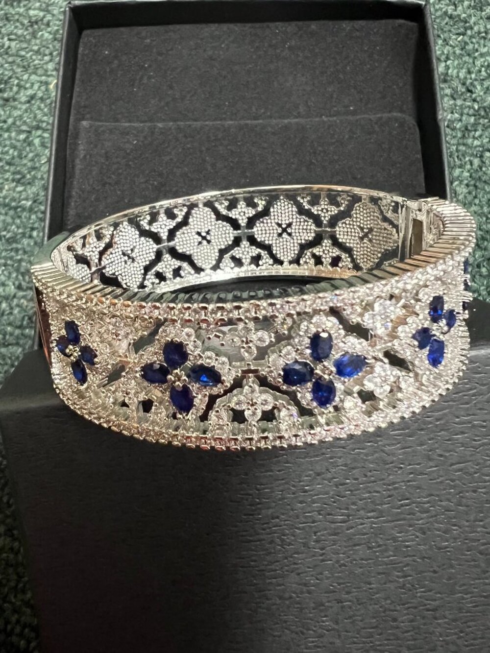 Vintage Sapphire Blue CZ Silver Filigree Wide Hinged Cuff Bracelet Statement